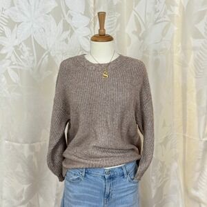 American Eagle Women Knit Sweater Taupe Ribbed Crew Neck Long Sleeve M